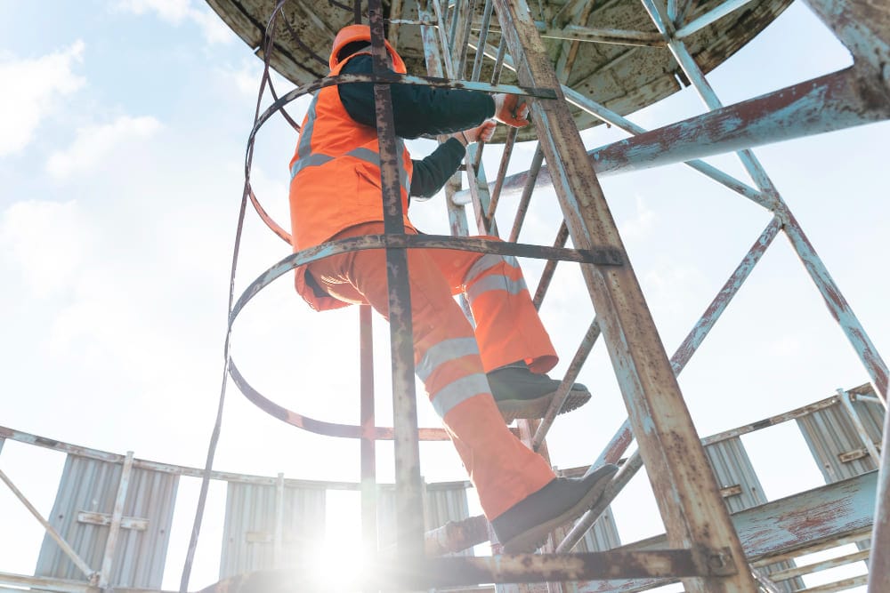 ouvrier grimpant une échelle de chantier
