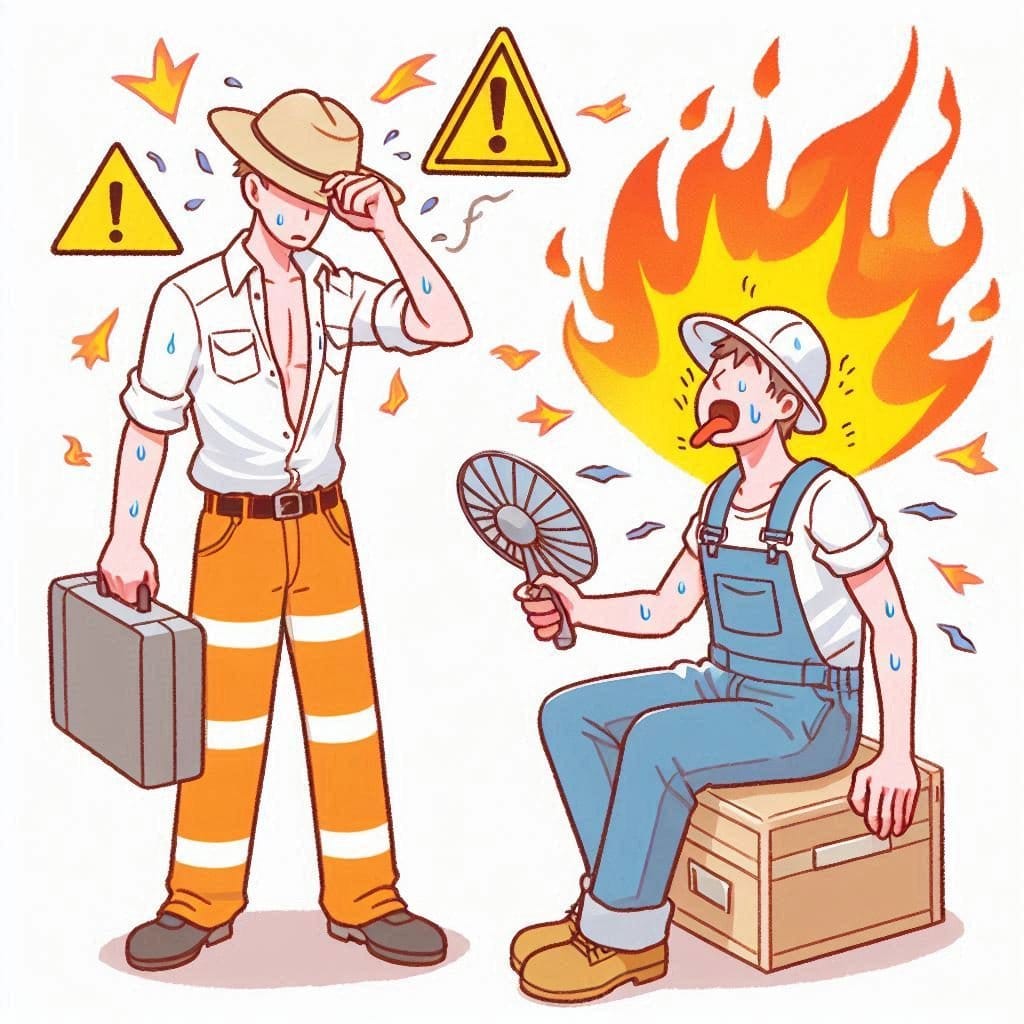 Deux travailleurs en extérieur sous une chaleur intense, un avec un ventilateur et l'autre en tenue de sécurité.