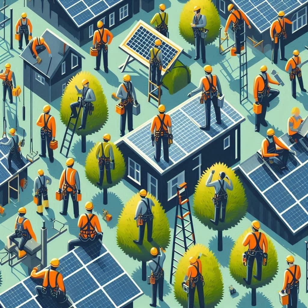 Travailleurs en hauteur installant des panneaux solaires sur des toits de maisons.